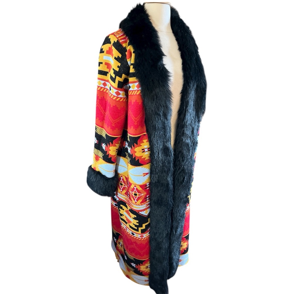 Midnight Velvet Boho Multicolor Penny Lane style Cardigan Coat Black Faux Fur M - Picture 3 of 17